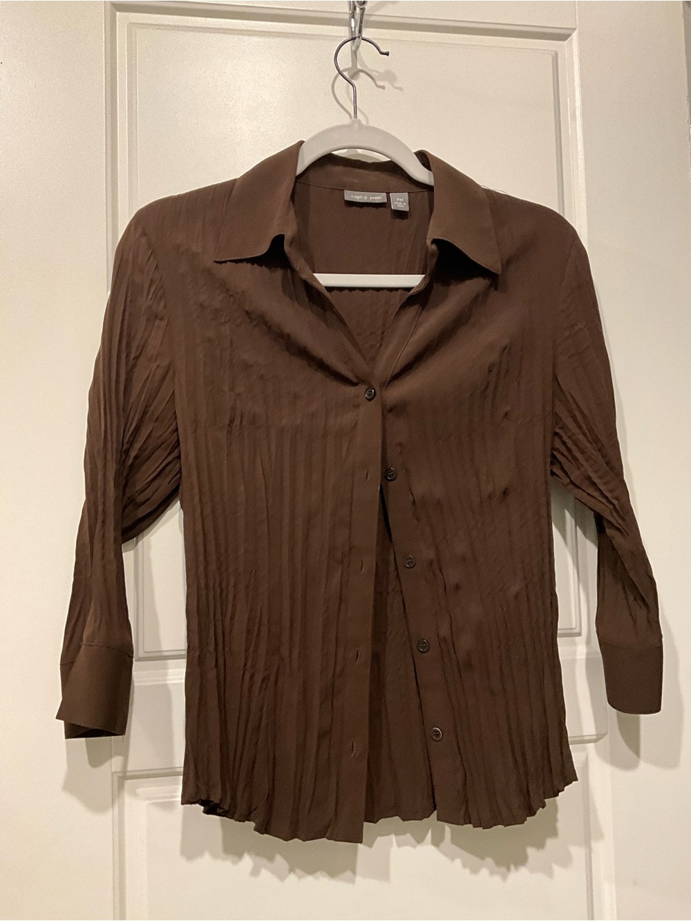 Apt. 9 Petite Medium Brown Crinkle Pleated Button Front Blouse